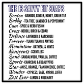 A list of 13 Savvy Fit Soaps product names, showcasing plant-based and USA-made natural skincare options for a variety of skincare needs.